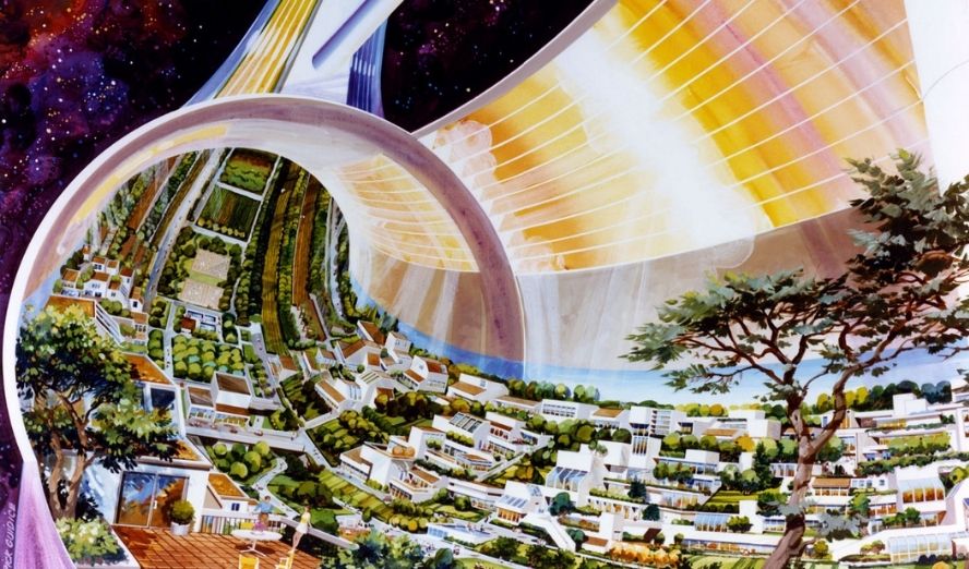 Innenansicht der Weltraumstation Stanford Torus von Rick Guidice, 1975 © NASA Ames Research Center